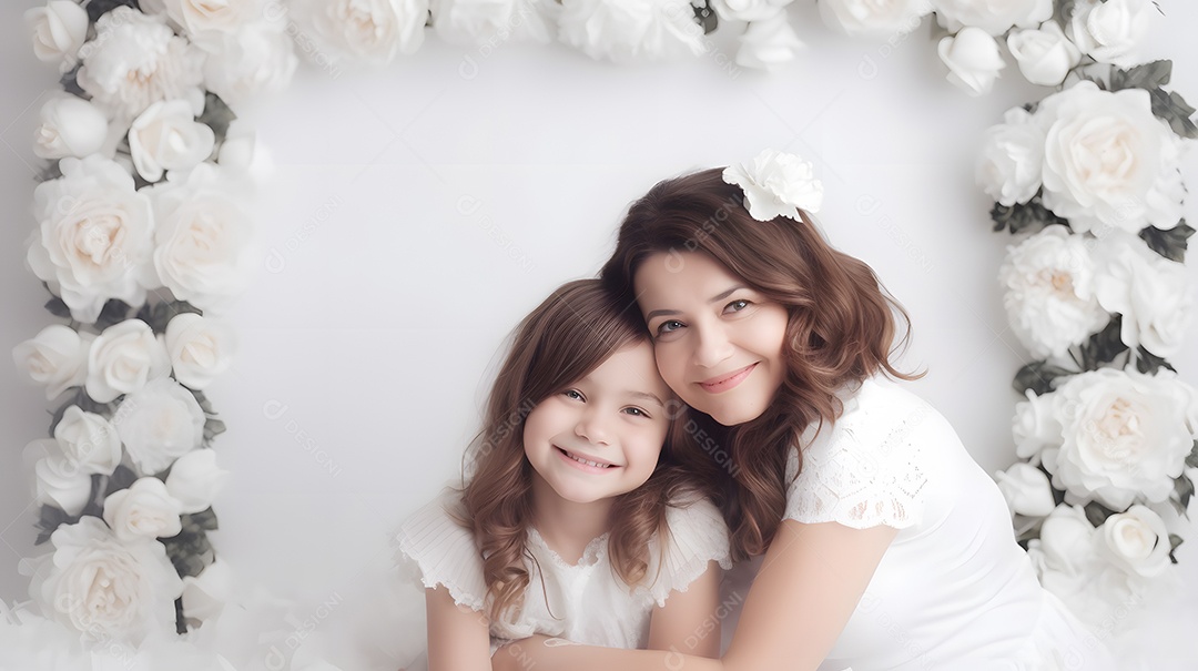 Linda mulher mãe ao lado de sua filha sobre fundo isolado