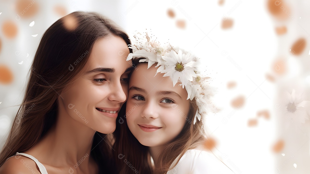 Linda mulher mãe ao lado de sua filha sobre fundo isolado