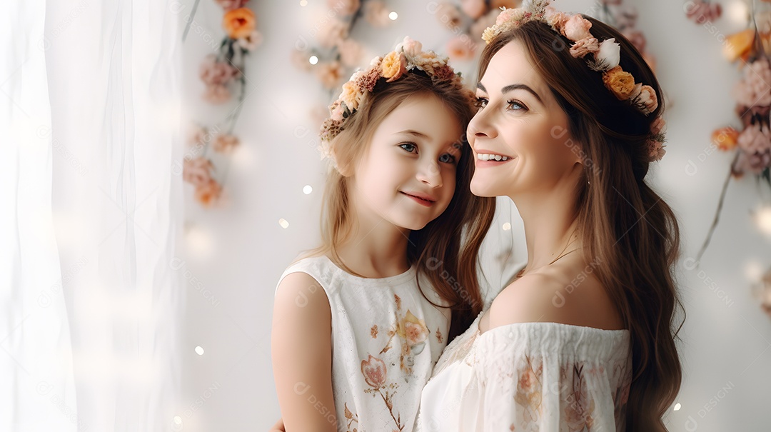 Linda mulher mãe ao lado de sua filha sobre fundo isolado