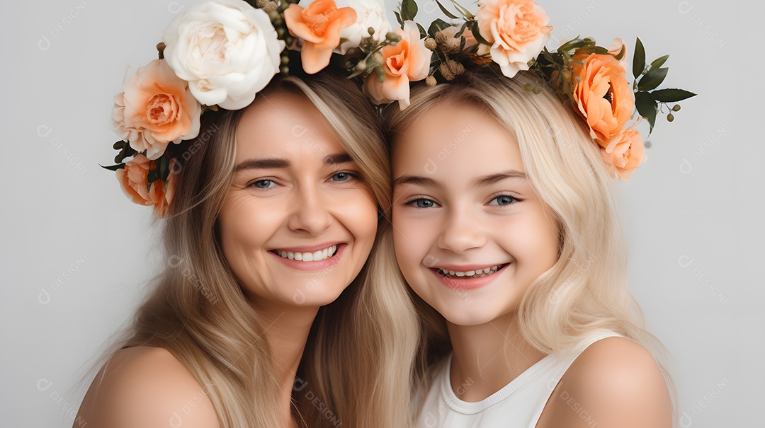 Linda mulher mãe ao lado de sua filha sobre fundo isolado