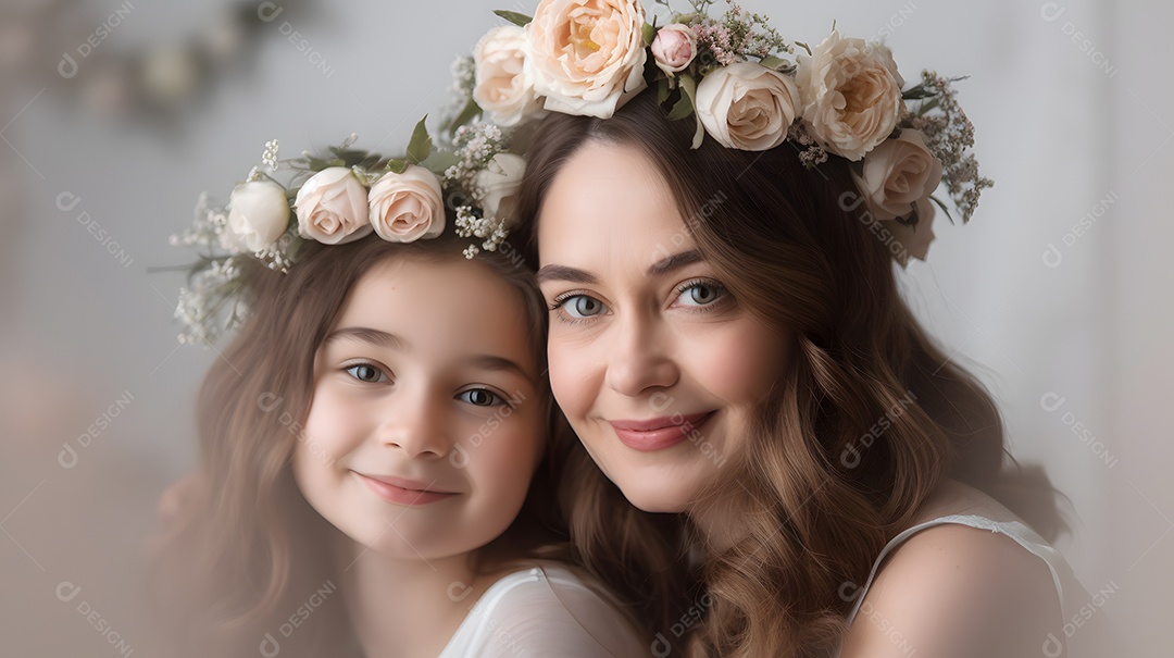 Linda mulher mãe ao lado de sua filha sobre fundo isolado