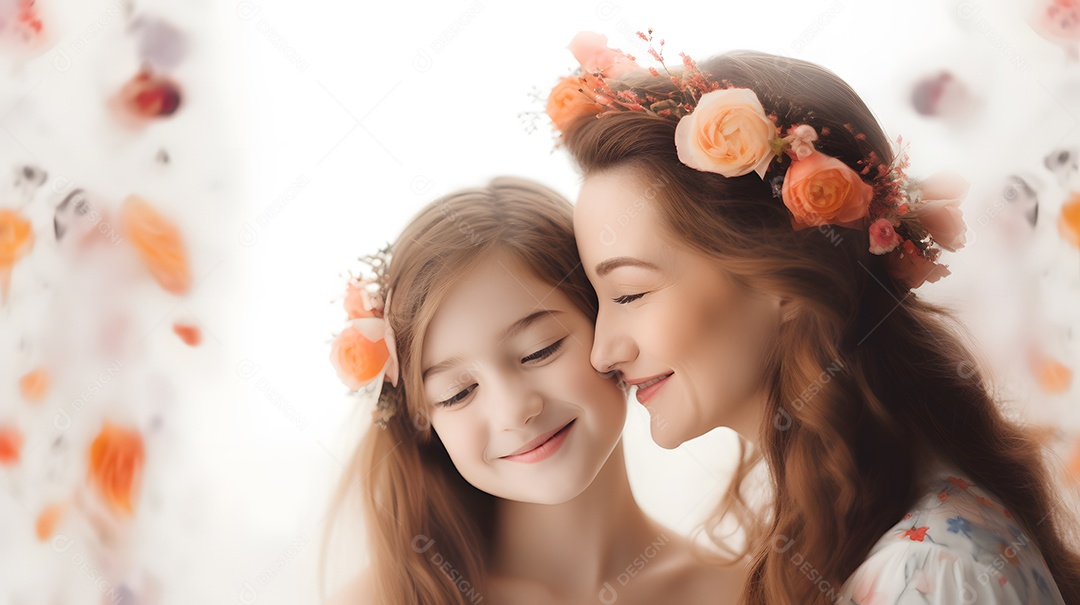 Linda mulher mãe ao lado de sua filha sobre fundo isolado