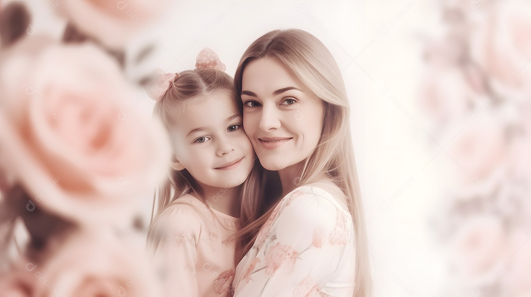 Linda mulher mãe ao lado de sua filha sobre fundo isolado