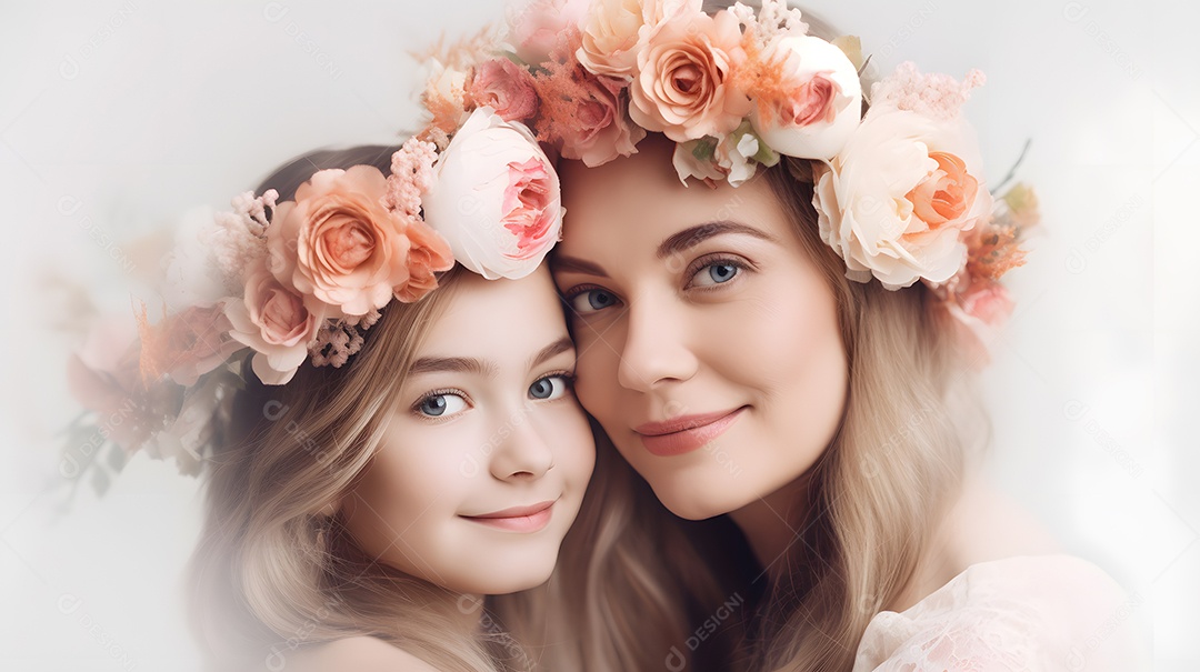 Linda mulher mãe ao lado de sua filha sobre fundo isolado