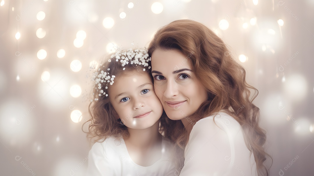 Linda mulher mãe ao lado de sua filha sobre fundo isolado