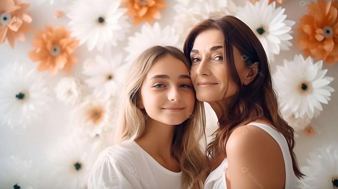 Linda mulher mãe ao lado de sua filha sobre fundo isolado