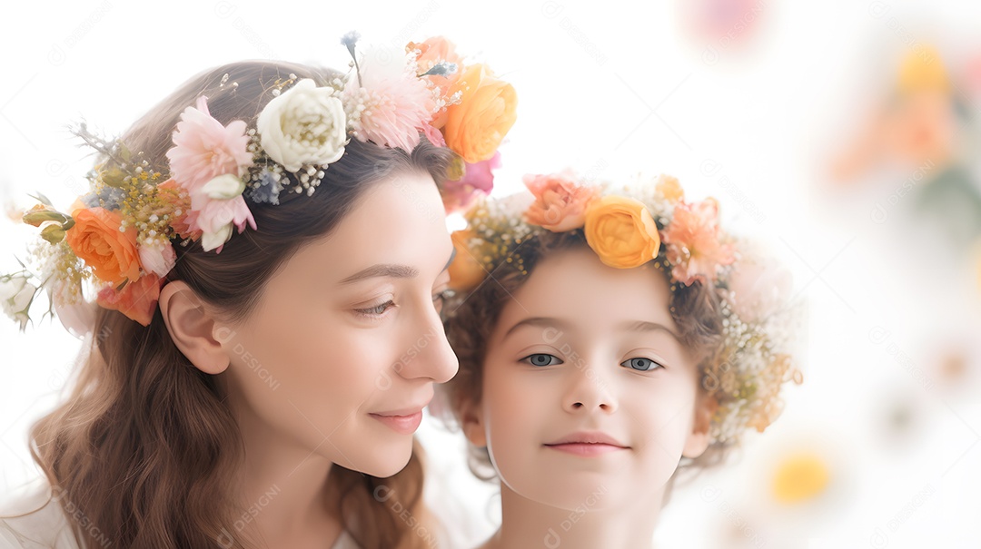 Linda mulher mãe ao lado de sua filha sobre fundo isolado