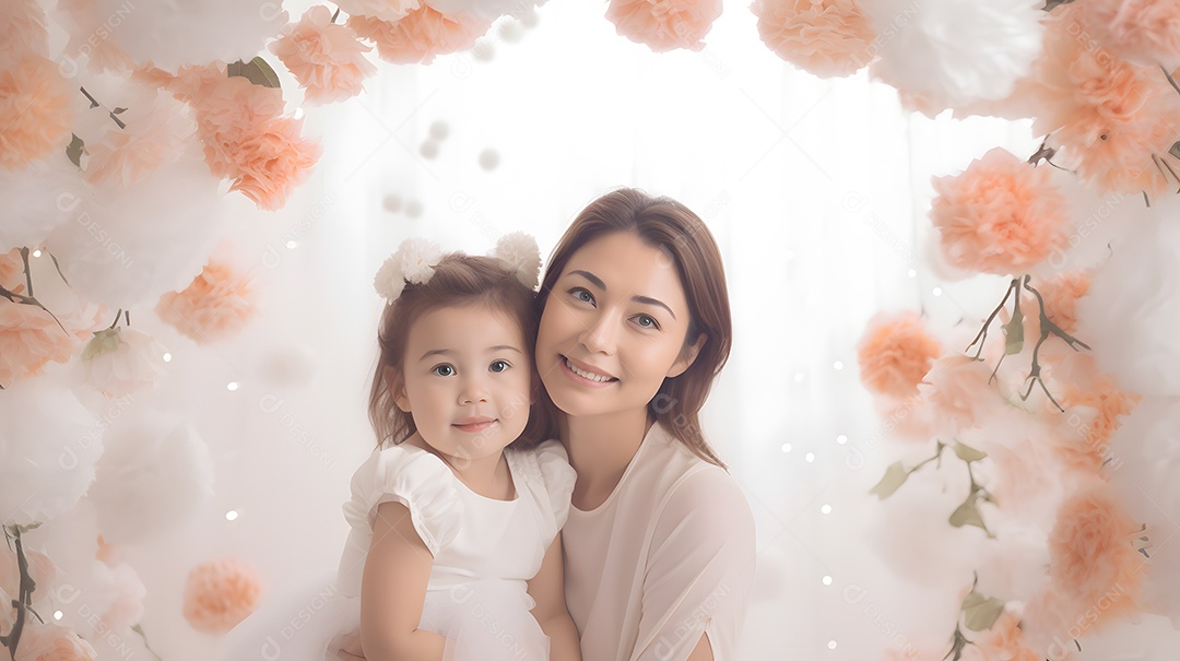 Linda mulher mãe ao lado de sua filha sobre fundo isolado