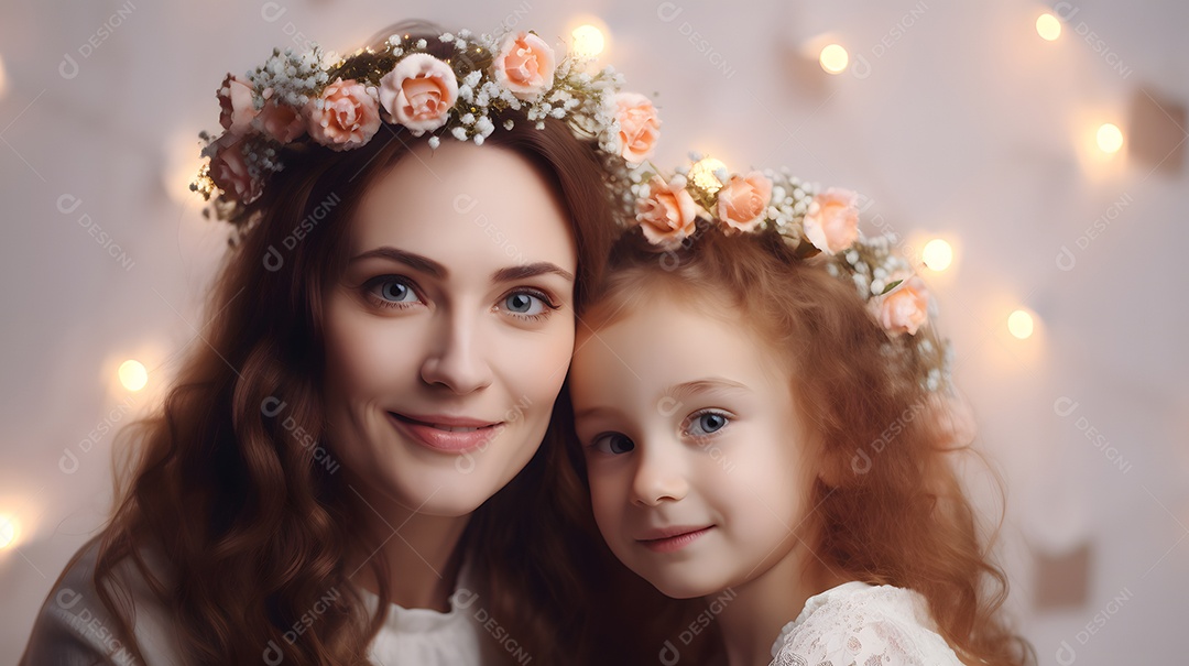 Linda mulher mãe ao lado de sua filha sobre fundo isolado