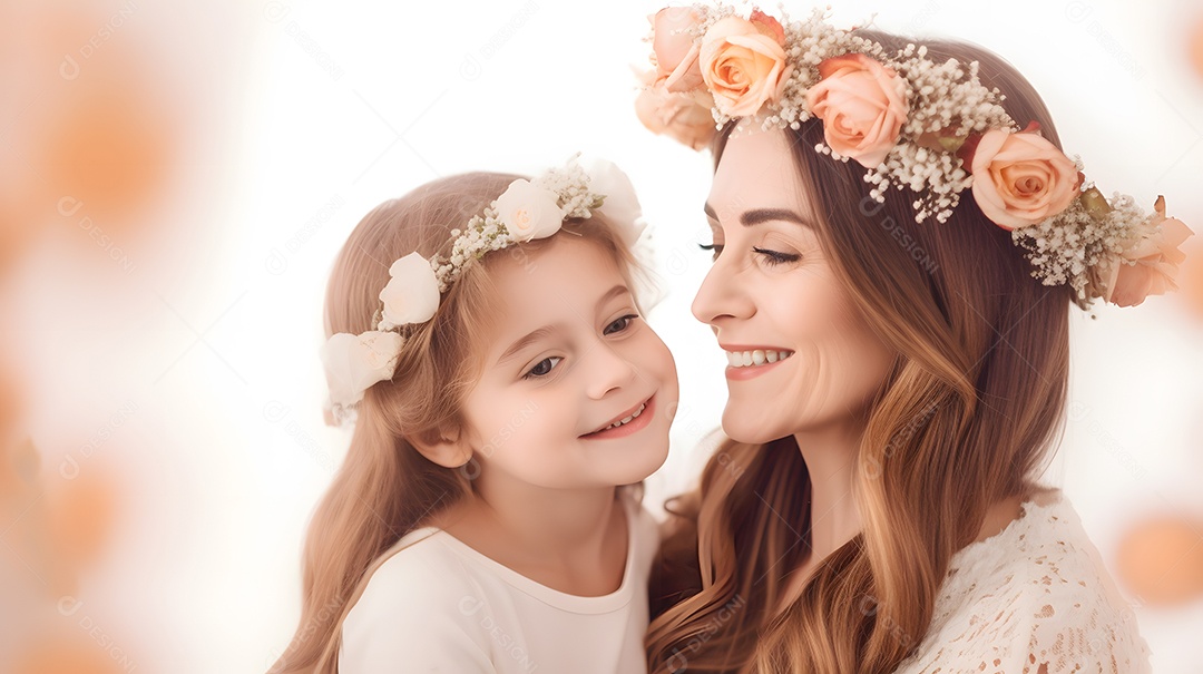 Linda mulher mãe ao lado de sua filha sobre fundo isolado