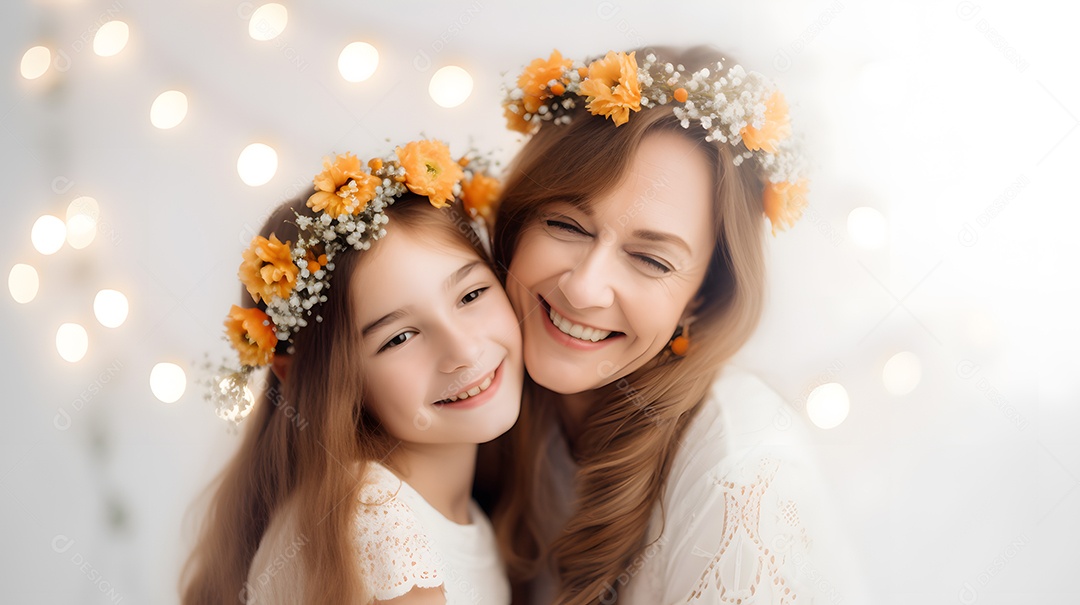 Linda mulher mãe ao lado de sua filha sobre fundo isolado