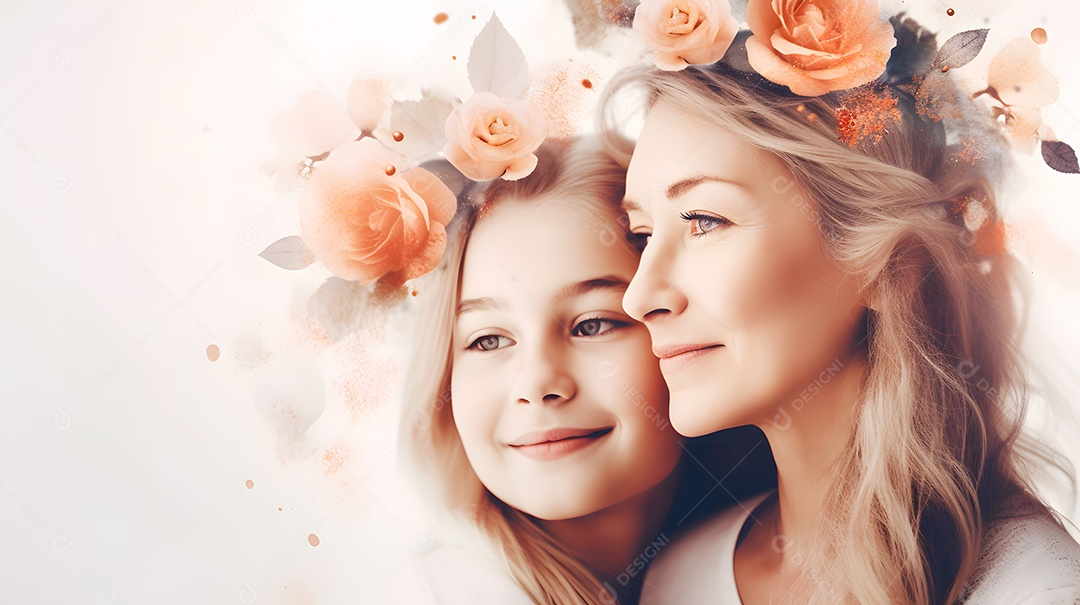 Linda mulher mãe ao lado de sua filha sobre fundo isolado