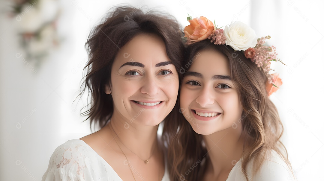 Linda mulher mãe ao lado de sua filha sobre fundo isolado