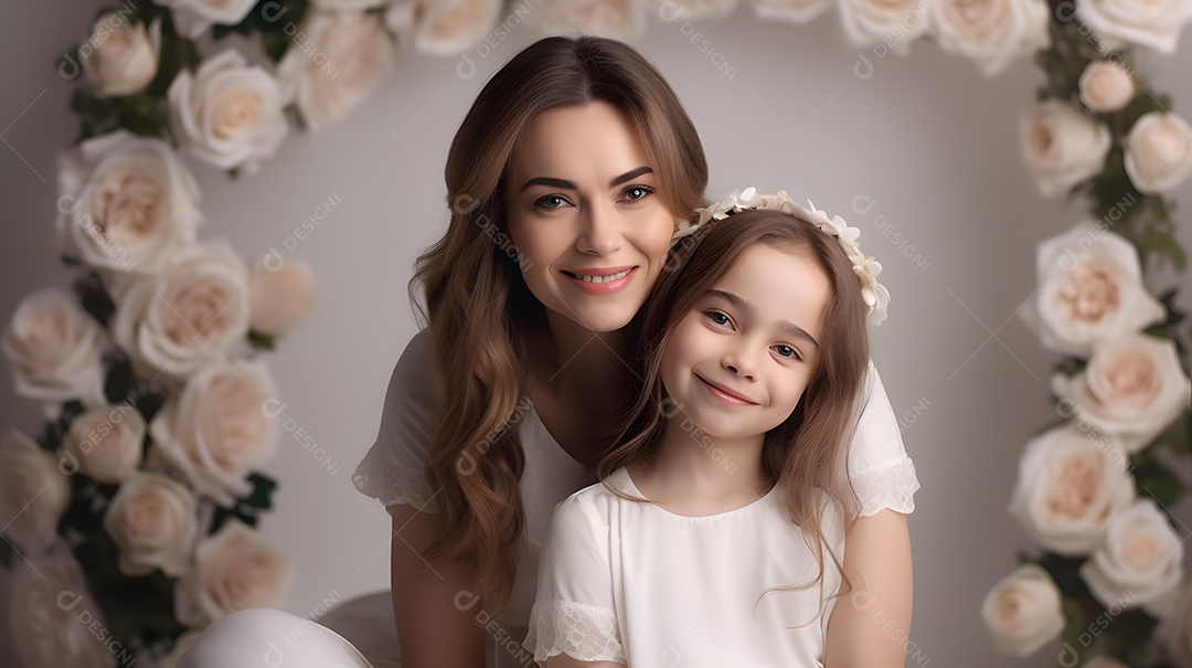 Linda mulher mãe ao lado de sua filha sobre fundo isolado