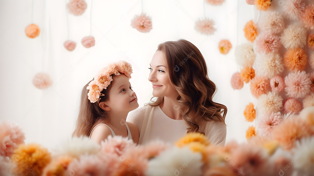 Linda mulher mãe ao lado de sua filha sobre fundo isolado