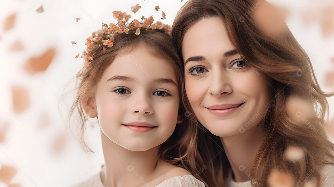 Linda mulher mãe ao lado de sua filha sobre fundo isolado