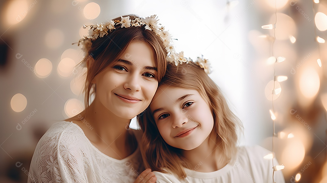 Linda mulher mãe ao lado de sua filha sobre fundo isolado