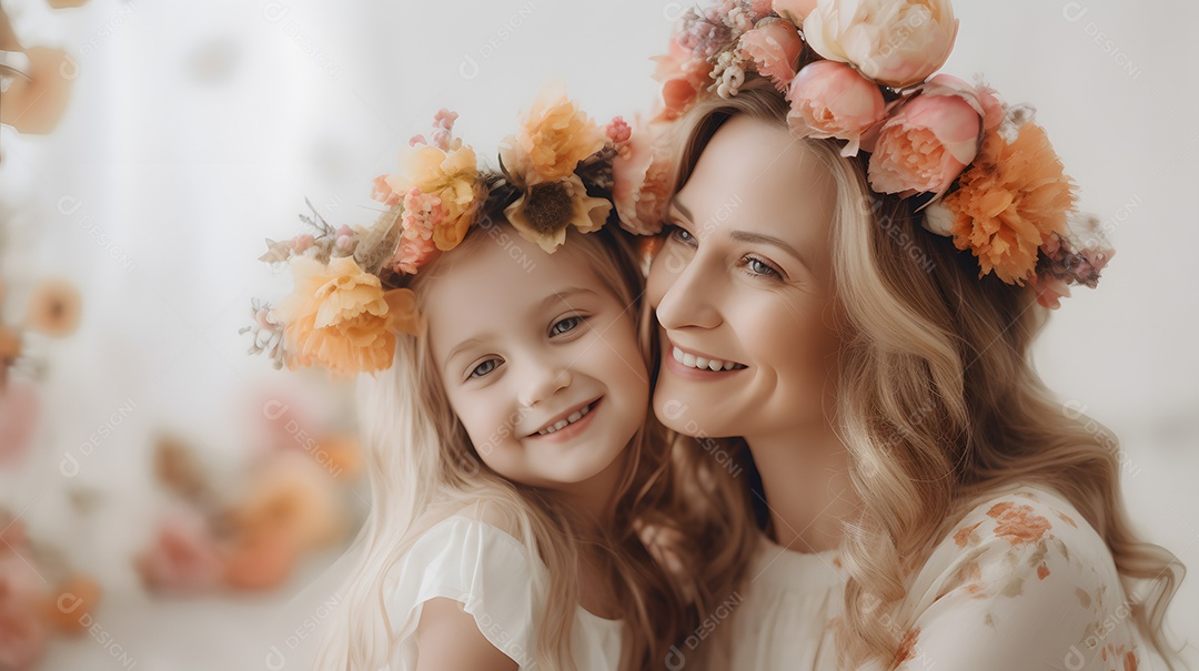 Linda mulher mãe ao lado de sua filha sobre fundo isolado