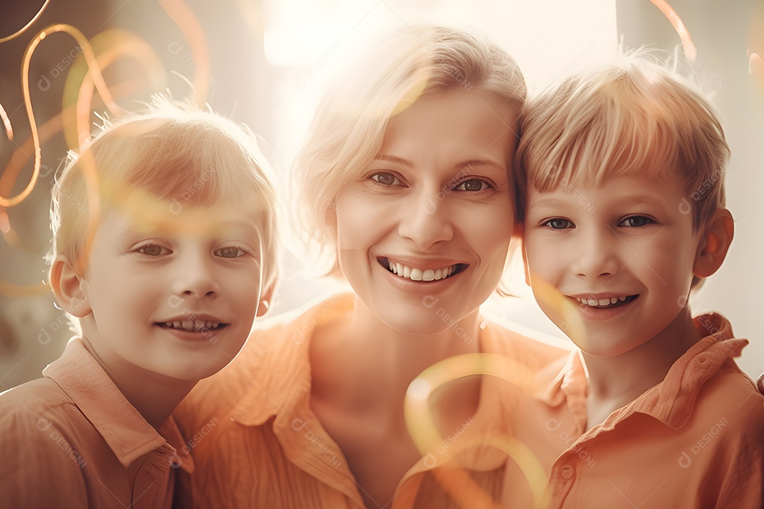 Linda mulher mãe ao lado de seus filhos sobre fundo isolado