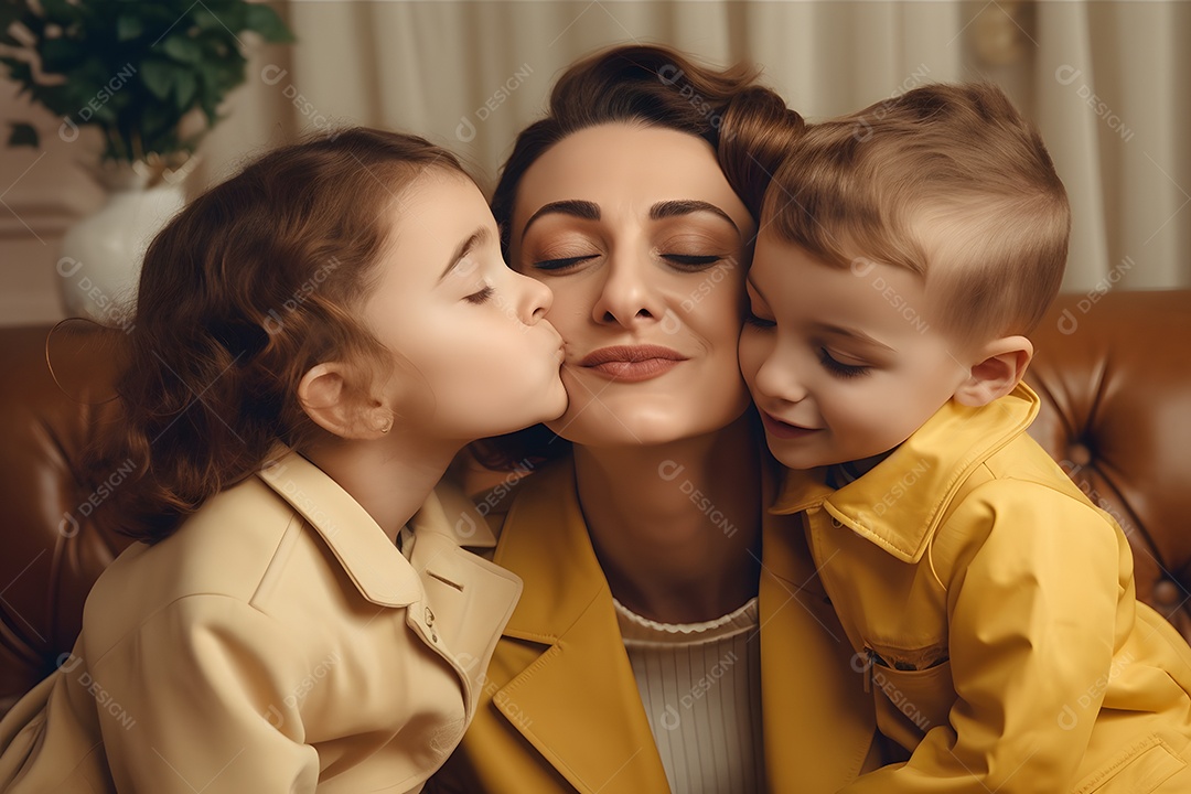 Linda mulher mãe ao lado de seus filhos sobre fundo isolado