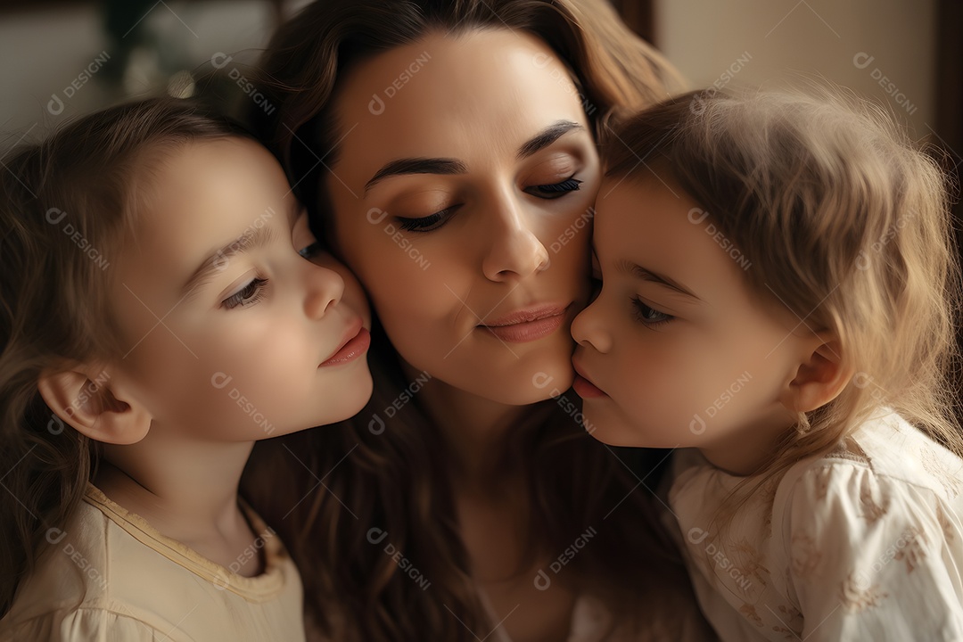 Linda mulher mãe ao lado de suas filhas sobre fundo isolado