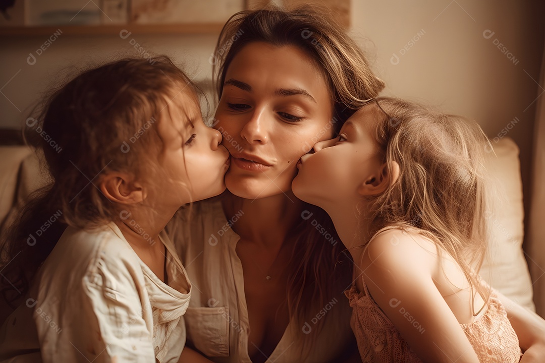 Linda mulher mãe ao lado de suas filhas sobre fundo isolado