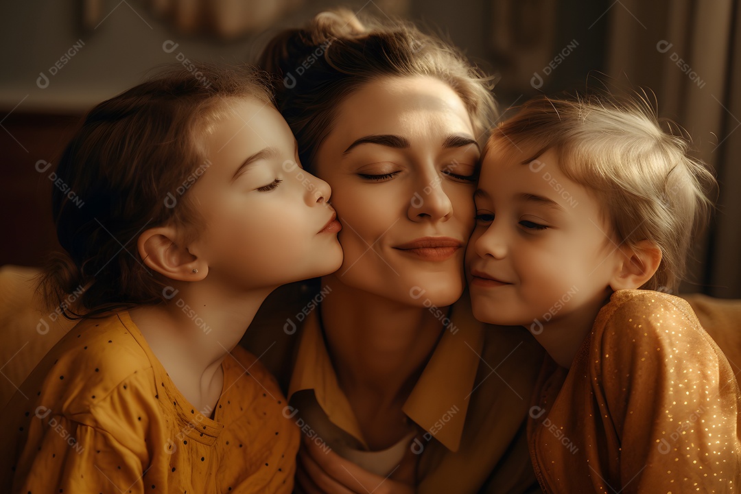 Linda mulher mãe ao lado de suas filhas sobre fundo isolado