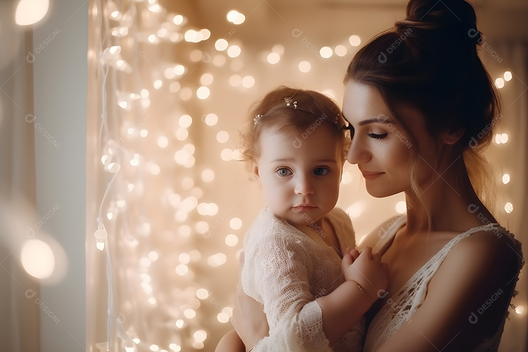 Linda mulher jovem mãe segurando sua filha sobre fundo isolado