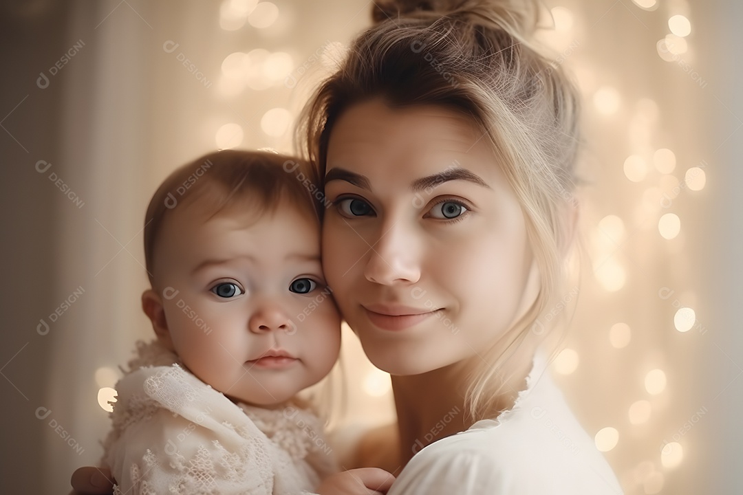 Linda mulher jovem mãe segurando sua filha sobre fundo isolado