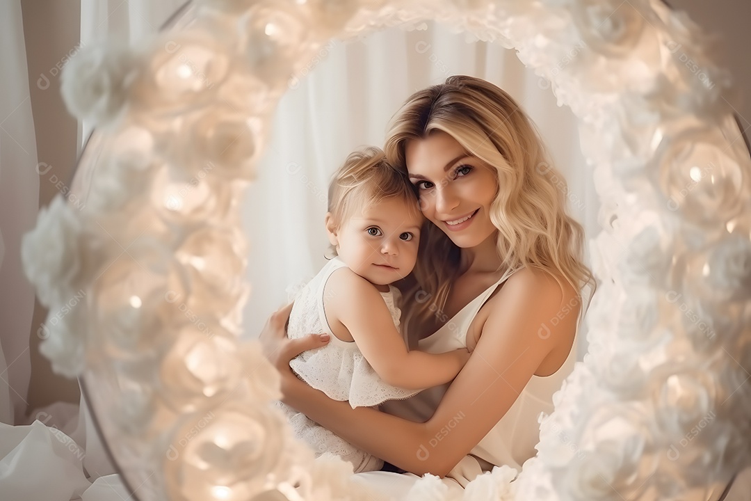 Linda mulher jovem mãe segurando sua filha sobre fundo isolado