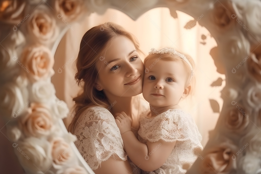 Linda mulher jovem mãe segurando sua filha sobre fundo isolado