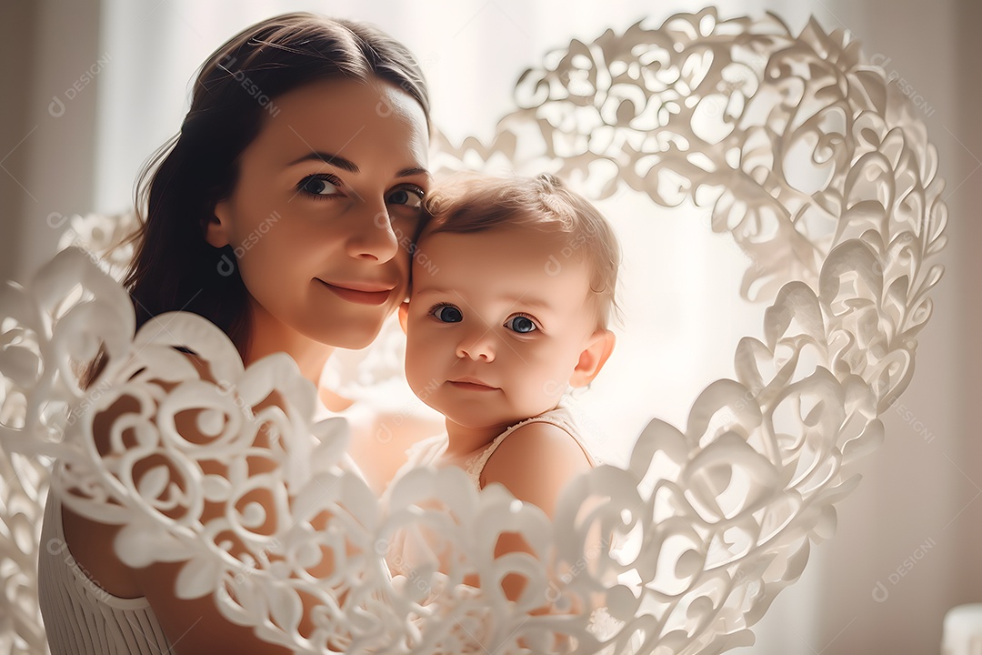 Linda mulher jovem mãe segurando sua filha sobre fundo isolado