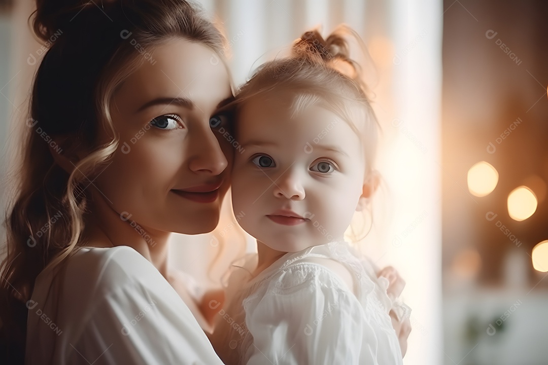 Linda mulher jovem mãe segurando sua filha sobre fundo isolado