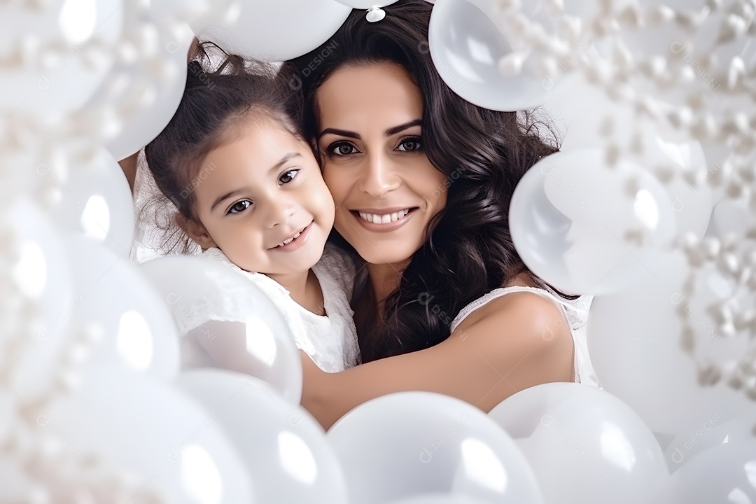 Linda mulher jovem mãe segurando sua filha sobre fundo isolado