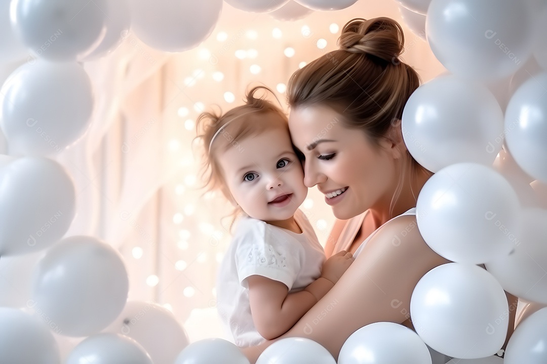 Linda mulher jovem mãe segurando sua filha sobre fundo isolado