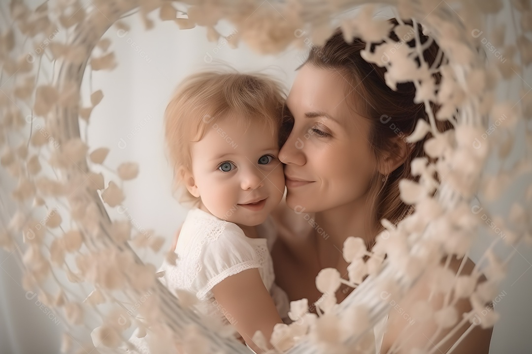 Linda mulher jovem mãe segurando sua filha sobre fundo isolado