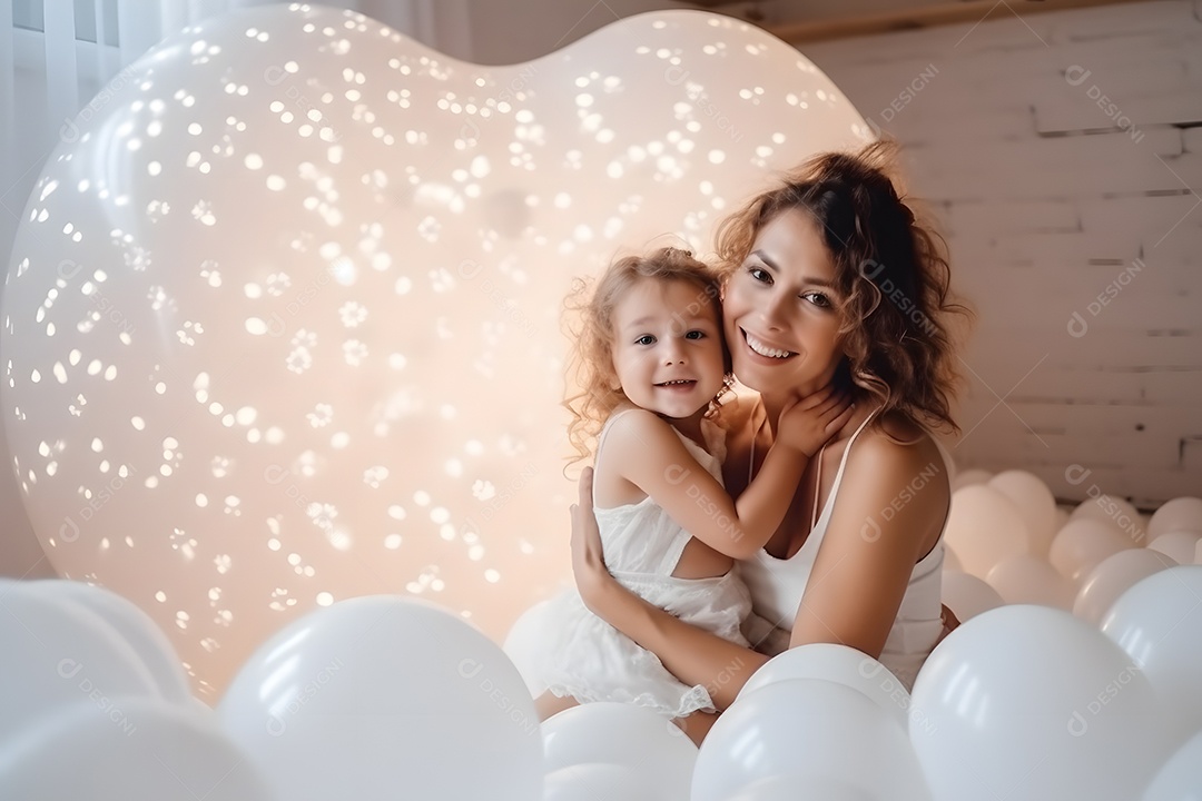 Linda mulher jovem mãe segurando sua filha sobre fundo isolado