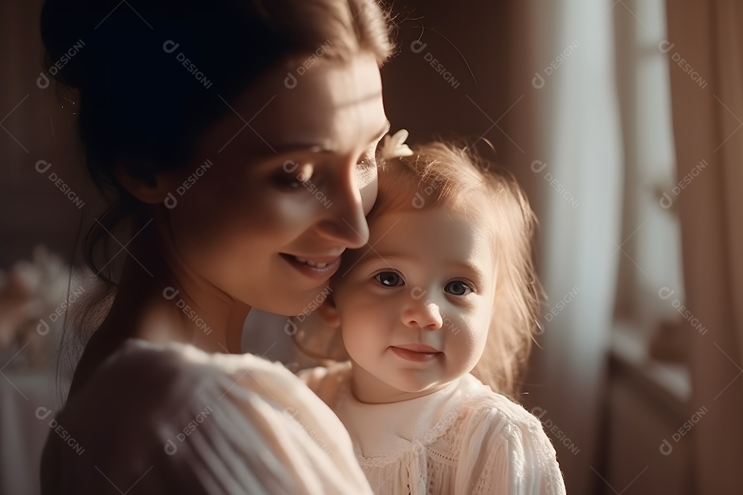 Linda mulher jovem mãe segurando sua filha sobre fundo isolado