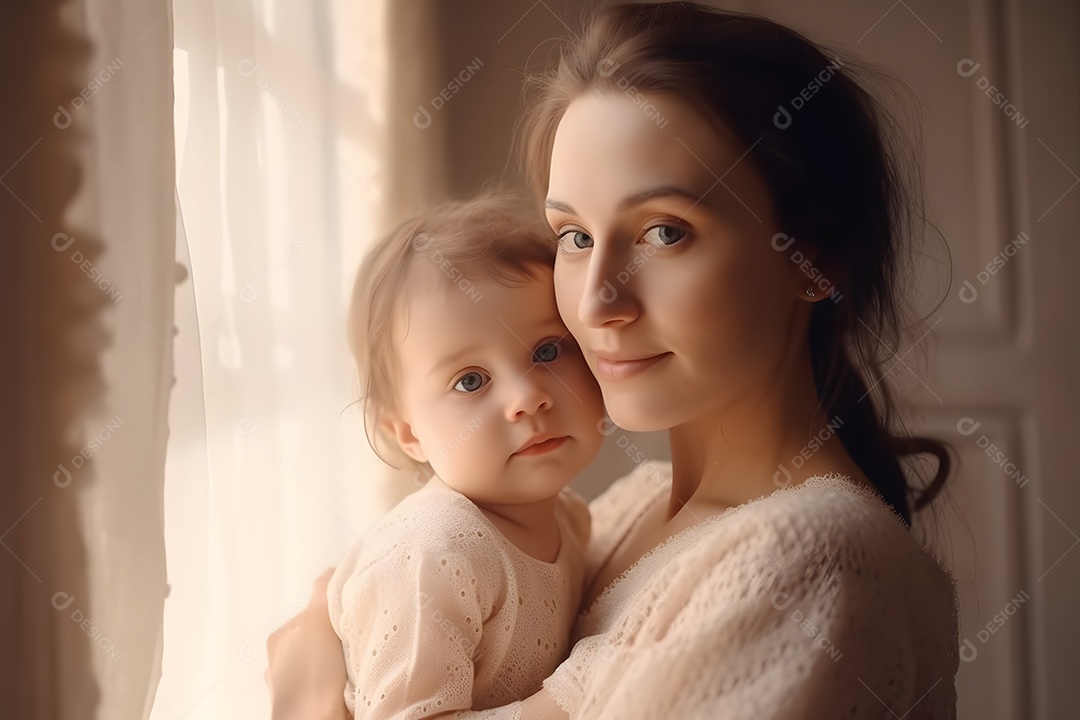 Linda mulher jovem mãe segurando sua filha sobre fundo isolado