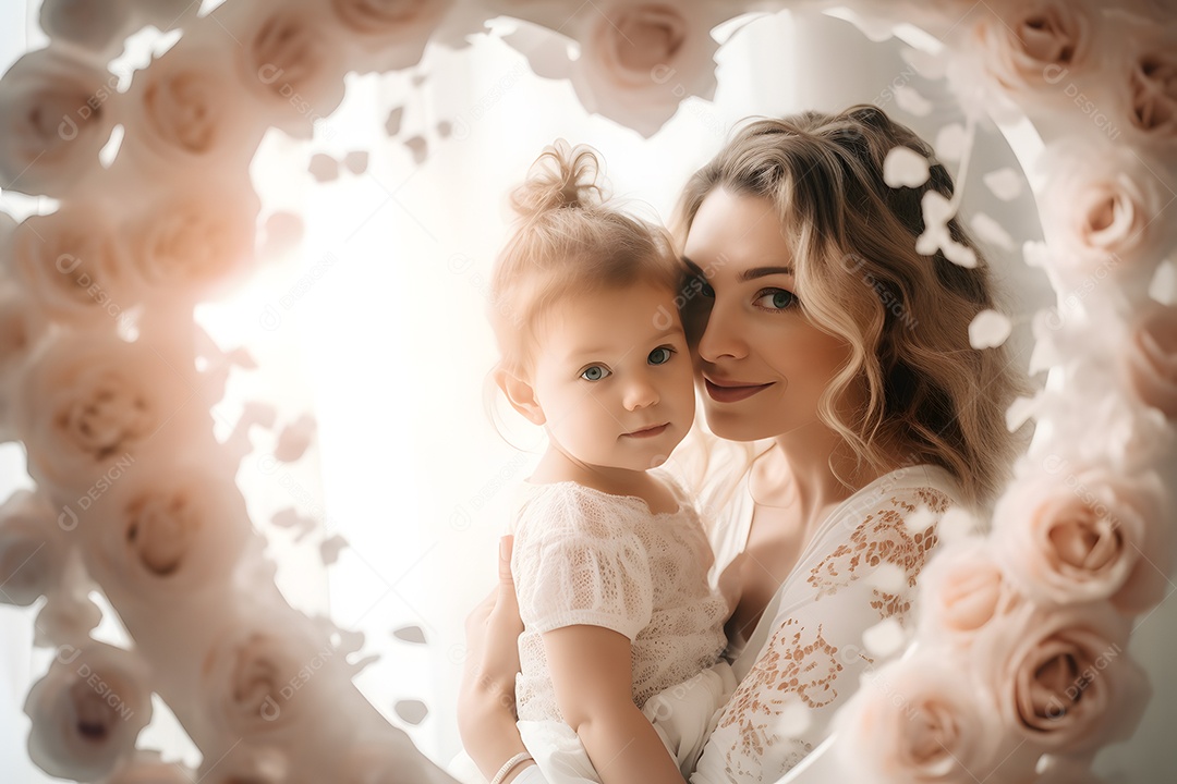 Linda mulher jovem mãe segurando sua filha sobre fundo isolado