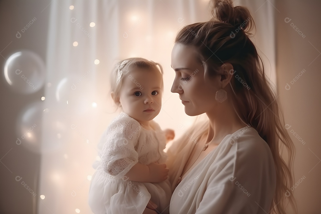 Linda mulher jovem mãe segurando sua filha sobre fundo isolado