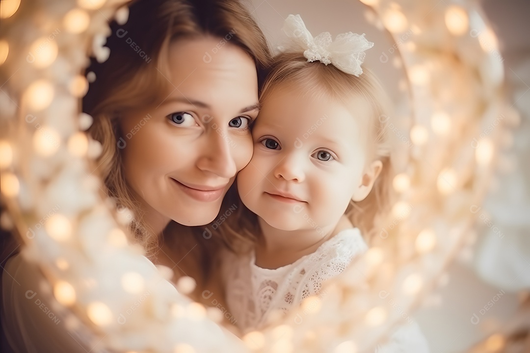 Linda mulher jovem mãe segurando sua filha sobre fundo isolado