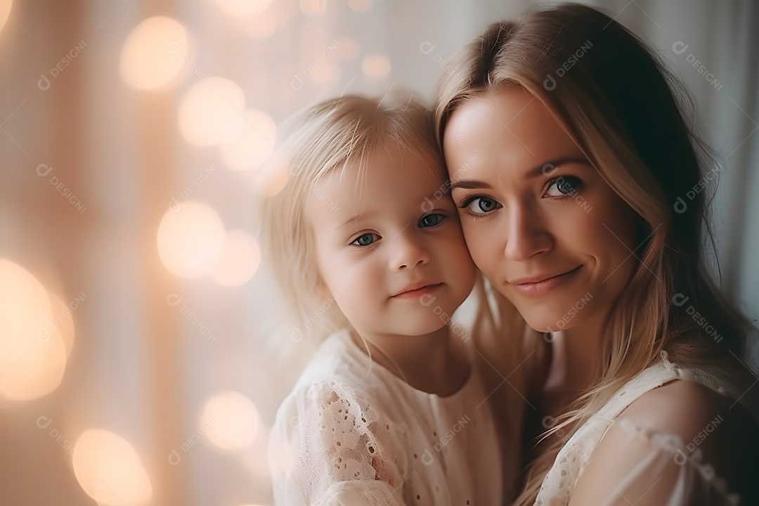Linda mulher jovem mãe segurando sua filha sobre fundo isolado
