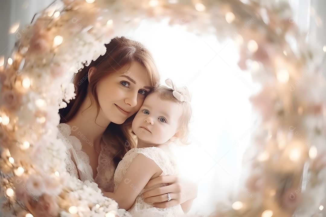 Linda mulher jovem mãe segurando sua filha sobre fundo isolado