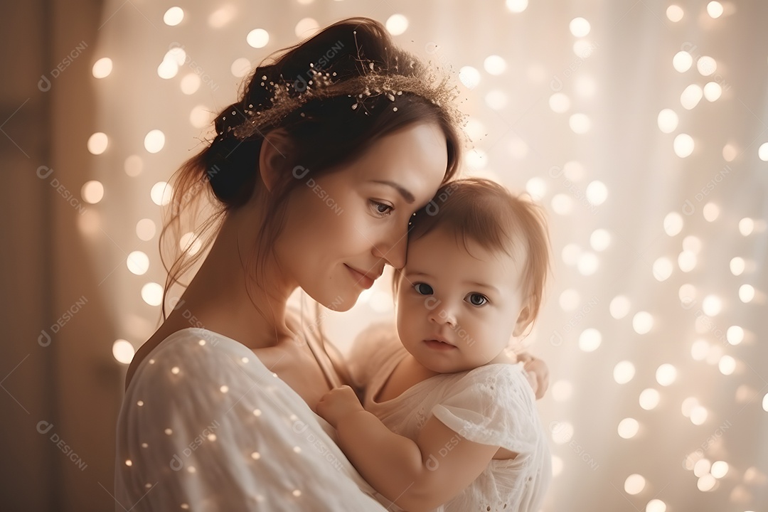 Linda mulher jovem mãe segurando sua filha sobre fundo isolado