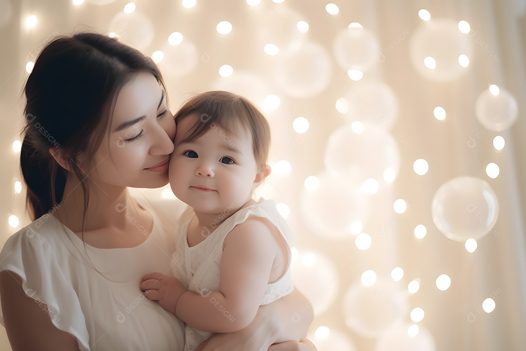 Linda mulher jovem mãe segurando sua filha sobre fundo isolado