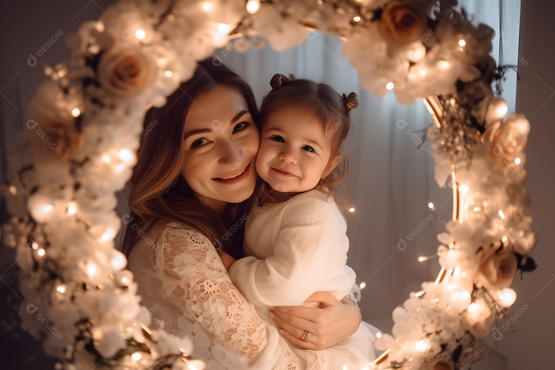 Linda mulher jovem mãe segurando sua filha sobre fundo isolado