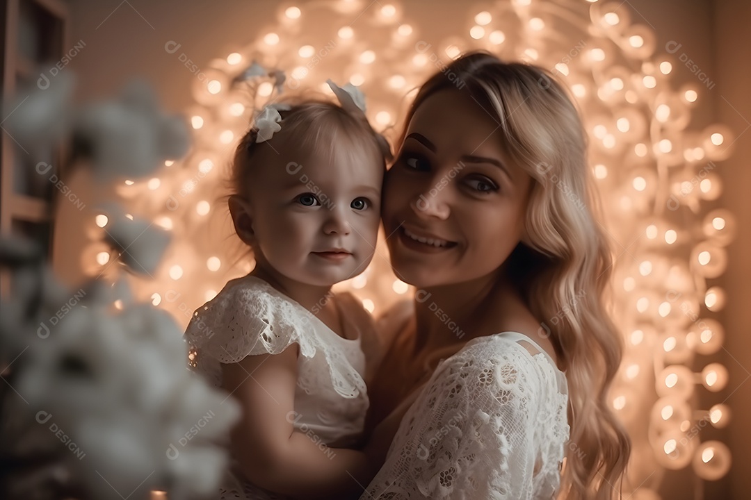 Linda mulher jovem mãe segurando sua filha sobre fundo isolado