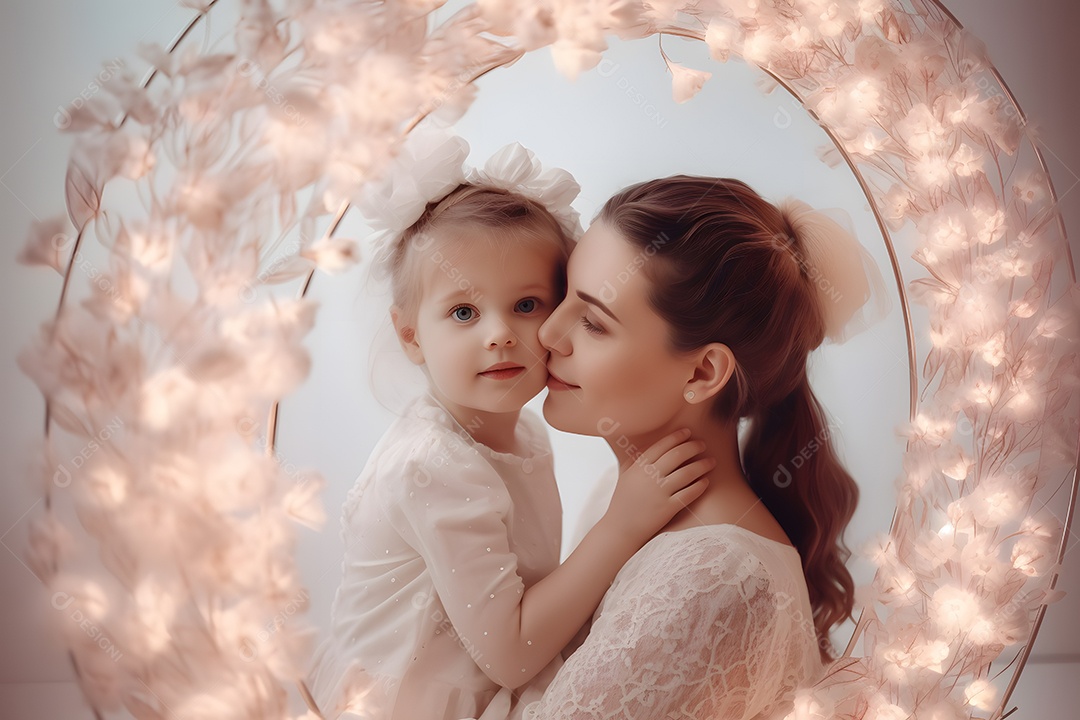 Linda mulher mãe ao lado de sua filha sobre fundo isolado