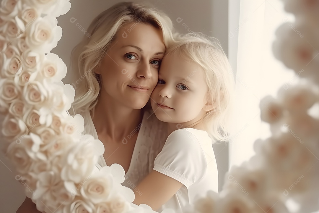 Linda mulher jovem mãe ao lado de sua filha sobre fundo isolado